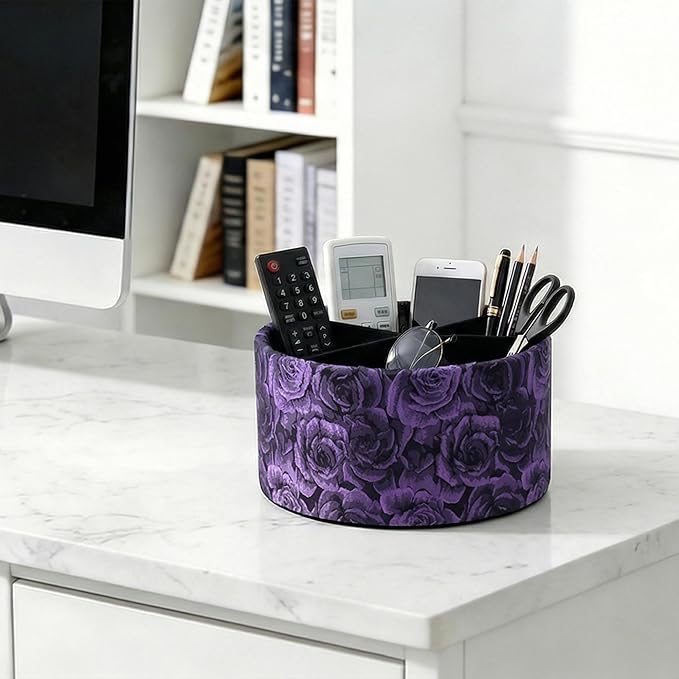 QIELIZI Remote Control Holder, 360°Spinning PU Leather Desk TV Remote Caddy,Desk Storage Box Room Accessories for Controller, Media,Mail,Calculator, Mobile Phone,Pencil(1-B3D Purple)