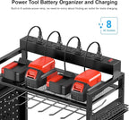 CCCEI Garage Power Tools Organizer Cart with Charging Station, Black Floor Standing Rolling Drill and Tools Battery Storage Cart on Wheels. Black Utility Rack Gift for Men, Husband, Father.