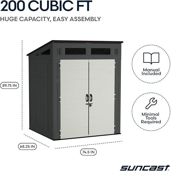 Suncast 6x5 Ft. Modernist Garden Shed, 200 Cu Ft Peppercorn Resin Shed with Floor, Lockable Doors, & Windows. Weatherproof Modern Resin Sheds & Outdoor Storage for Tools, Bikes, Lawn Mowers, & More