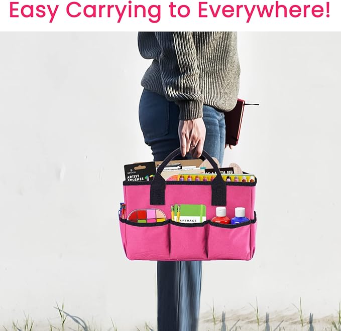 Godery Desktop Tote and Organizer, Teacher Helper caddy Bag for Arts, Books, Stationery, Office Desk Organization, Make-up Storage with Handles for Travel (PINK)