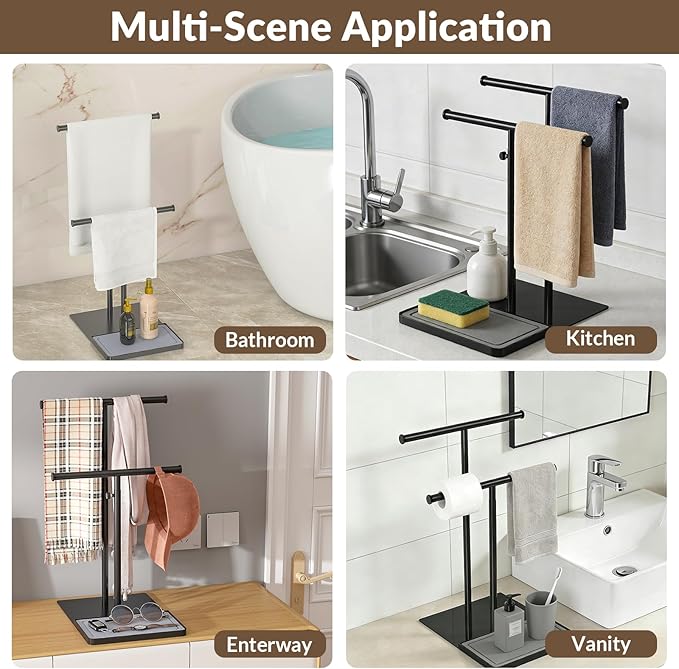 NADAMOO Towel Holder Stand with Stone Drying Tray, Adjustable Height 13.8"-24" Extra Tall for Countertop, Wide Stable Base, Rustproof Black Metal, Double Bar Hand Towel Rack for Bathroom & Kitchen