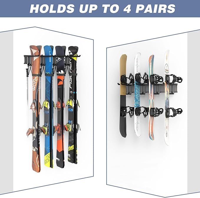 WALMANN Garage Storage Organization Wall Ski Rack 8 Pairs of Skis Mount Ski Hanger for Garage Snowboard Wall Rack Holds Up to 400 lbs
