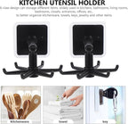 Cabilock 4pcs Rotatable Multi-Purpose Kitchen Utensil Hooks, 360° Folding No-Trace Adhesive Hooks, Black Hanging Soup Ladle and Spatula Storage Holder for Kitchen Organization
