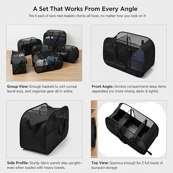 Pop Up Laundry Hamper,Collapsible Laundry Baskets,6-Piece Tear-proof Laundry Basket,Laundry Basket with enhanced handle oldable Mesh Storage Bin for Home, Dorm, Travel (Black)