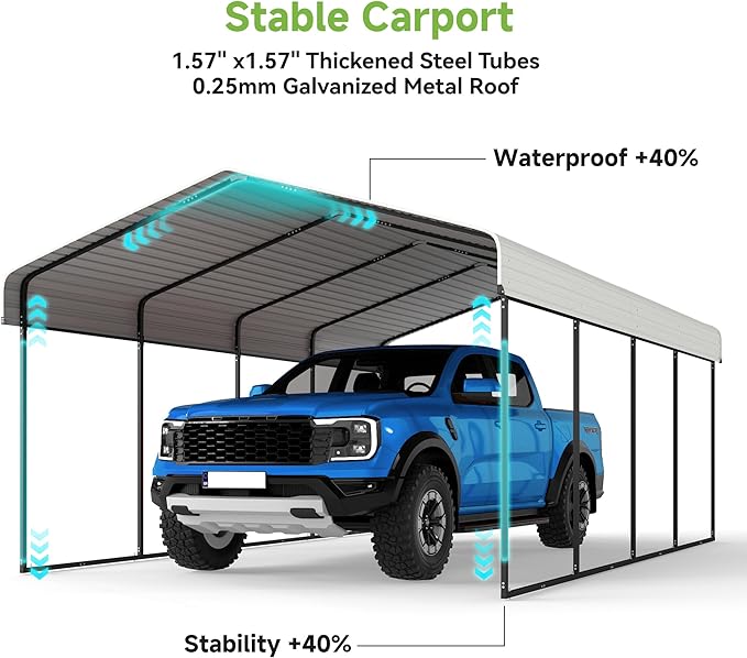 12x20FT Metal Carport,Heavy Duty Carport with Reinforced Frame and Galvanized Steel Roof, Large Outdoor Garage Shelter Shade Car Port for Pickup Trucks, Boats, Cars & Tractors, Farm Tools, Cream White