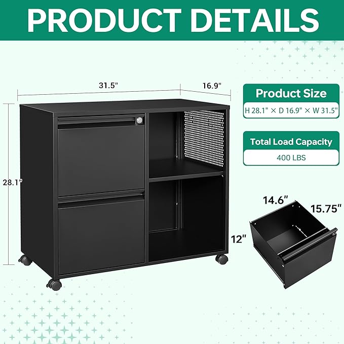 Letaya Mobile File Cabinet, Metal Lateral Rolling Printer Stand Filing Cabinets with Shelves for Home Office-Storage A4/F4 (Black)