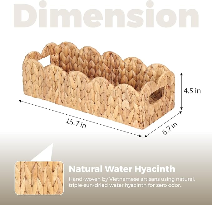 Handwoven Water Hyacinth Scalloped Countertop Storage Basket, Toilet Tank Basket for Bathroom, Scalloped Edge Wicker rectangle Basket for Toilet Paper Baskets, Vanity, Entryway, or Living Room (1pcs)