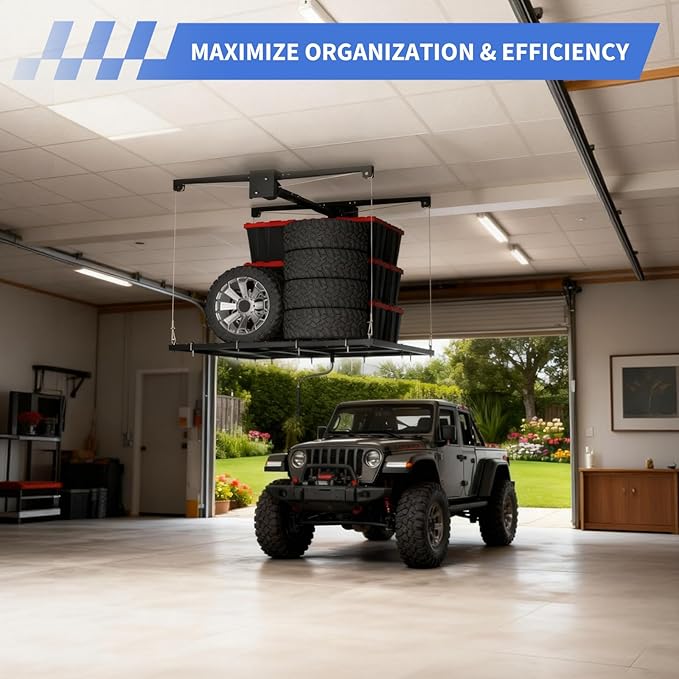 Overhead Garage Lift Storage Rack, 4x4 Ft, Heavy-Duty Steel Ceiling Mounted Garage Ceiling Rack Organizer with 350 lb Capacity, Easy Crank System and Quick Installation for Clutter-Free Space