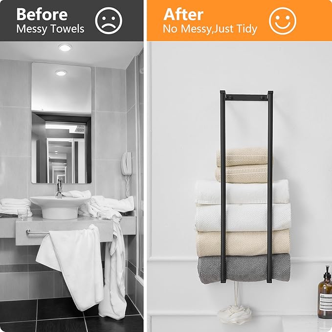 BWE Matte Black Towel Racks for Bathroom, 28" Stainless Steel Bathroom Towel Holder for Rolled Towels, Wall Mounted Towel Storage for Bathroom with 2 Hooks, 6 Large Bath Towels Capacity