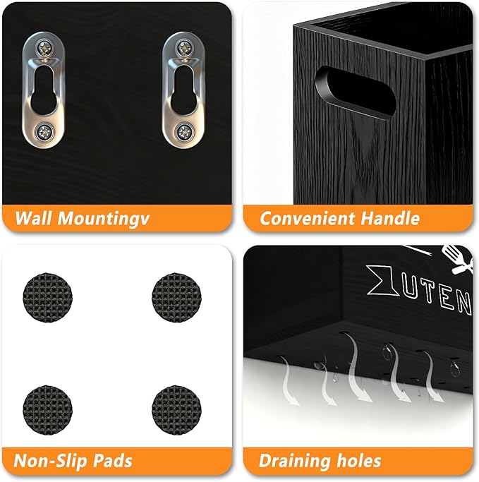 Small and Durable Wood Kitchen Utensil Holder with Removable Divider for Party and Countertop （black 2 Compartment）