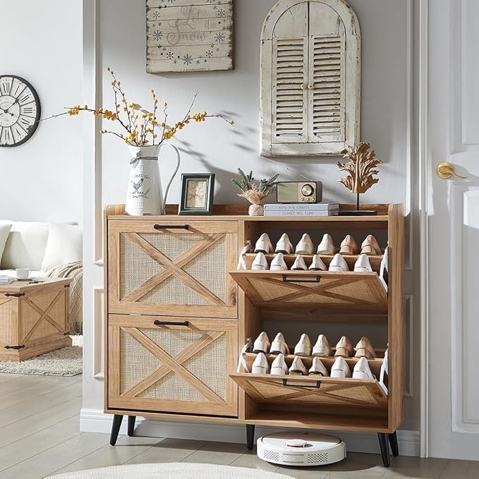 Shoe Storage Cabinet, Boho Shoe Organizer with 4 Flip Drawers & Rattan Design,Farmhouse Freestanding Hidden Slim Narrow Shoe Rack Cabinet for Entryway, Foyer,Hallway,Natural