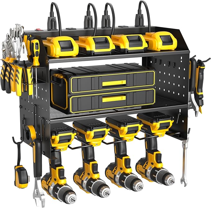 Power Tool Organizer Wall Mount, 3 Layer Charging Station with 6 Outlets, 4 Drill Holders and Drill Bit Rack, Tool Holder Storage Shelf Rack for Garage, Workbench and Workshop, Black
