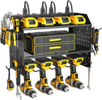 Power Tool Organizer Wall Mount, 3 Layer Charging Station with 6 Outlets, 4 Drill Holders and Drill Bit Rack, Tool Holder Storage Shelf Rack for Garage, Workbench and Workshop, Black