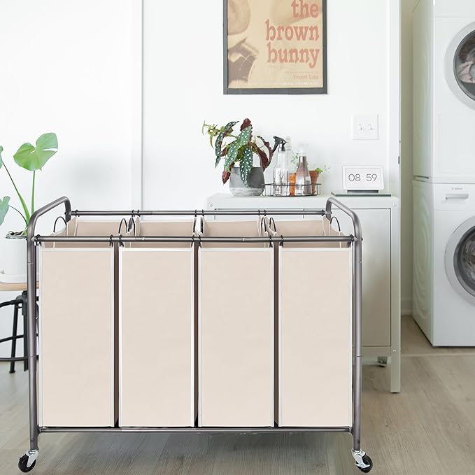 Laundry Sorter Hamper with Wheels, Heavy-Duty Laundry Sorter Rolling Cart, Lockable Wheels and Removable Bags, 4 Sections, Beige