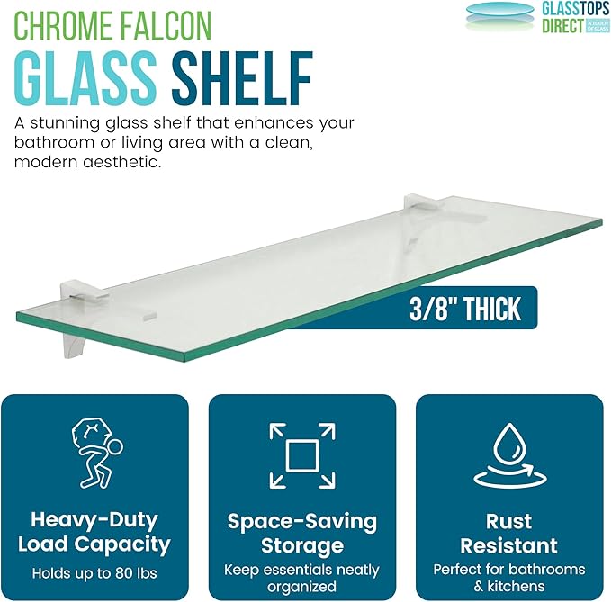Spancraft Clear Floating Glass Shelf 12" X 48" in Chrome