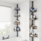 Corner Shower Caddy Tension Pole: Stainless Steel Rustproof 4-Tier Shower Organizer - 47-121 inch Adjustable Bathroom Shelves for Bathtub Shampoo Storage - Tension Rod Floor Standing Bath Rack -Bronze