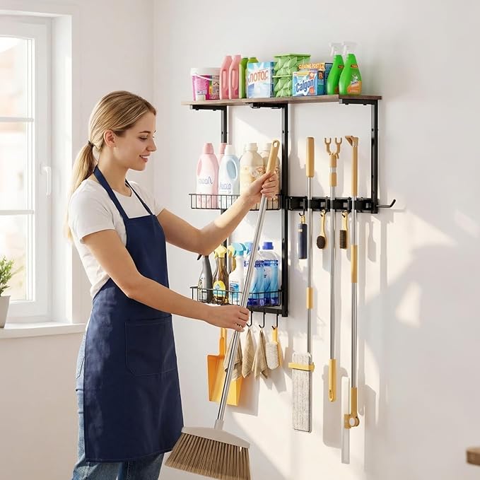 Broom Holder Wall Mount，Mop Rack With Storage Basket,Diversity Laundry Room Cleaning Tool Storage container，Suitable Family Garage Kitchen Organization Wall-Mounted Rack (Black, Medium)
