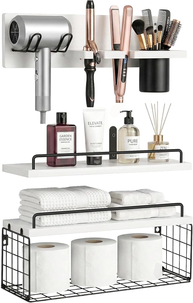 Wall Mounted Bathroom Organizer Shelves Over Toilet, 3-Tier Rustic Wooden Floating Shelf with Metal Basket and Hair Care Styling Tool Holder for Toilet Paper, Towels & Toiletries, Bathroom Decor