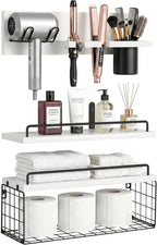 Wall Mounted Bathroom Organizer Shelves Over Toilet, 3-Tier Rustic Wooden Floating Shelf with Metal Basket and Hair Care Styling Tool Holder for Toilet Paper, Towels & Toiletries, Bathroom Decor