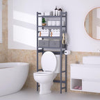 Over The Toilet Storage with 2 Baskets, 4-Tier Bamboo Organizer Rack with Paper Holder & 4 Hooks & Waterproof Feet Pad,Freestanding Shelf for Bathroom(Grey)
