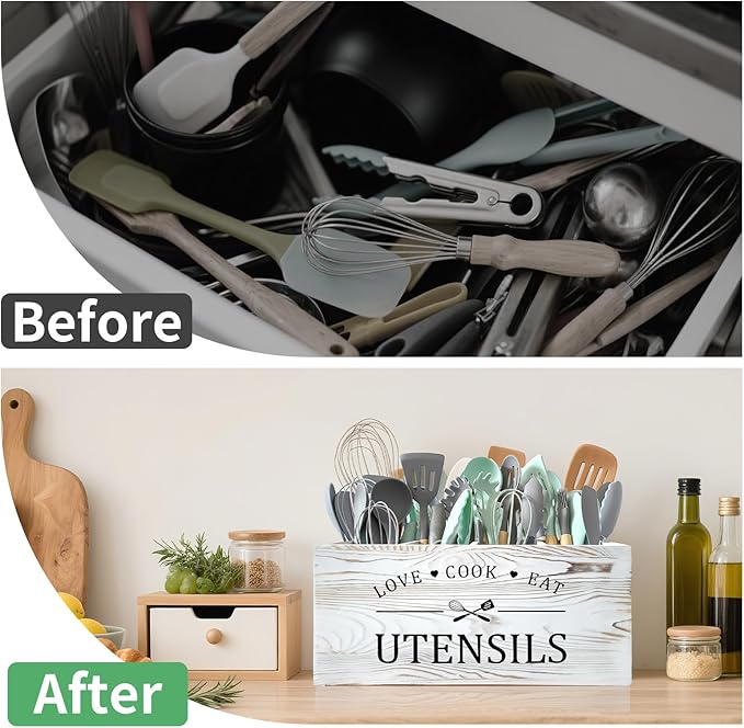 Extra Large Kitchen Utensils Holder with 4 Compartments, Wooden Storage Utensil Holder Organizer for Counter or Countertop, Farmhouse Decor, Rustic Cooking Utensil Kitchen Tool