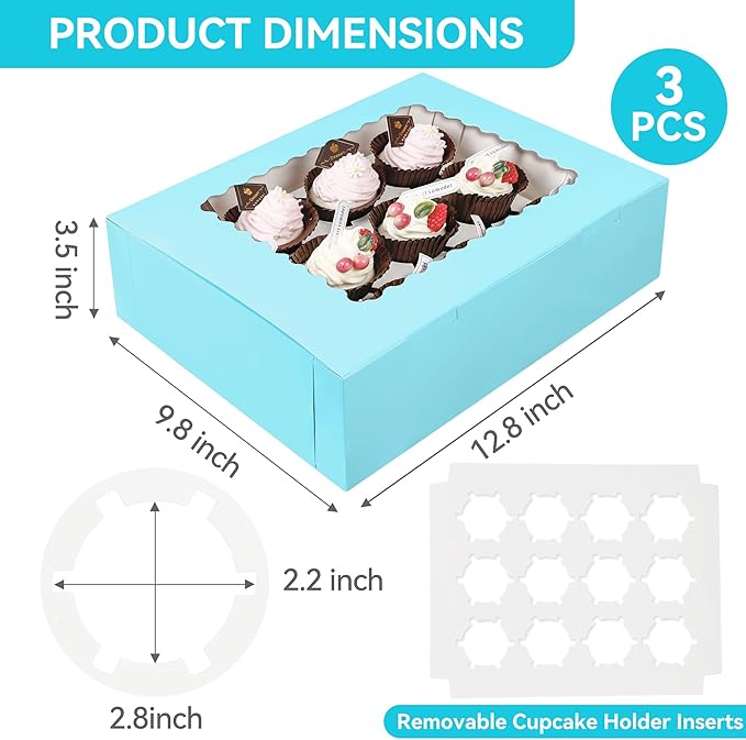 3-Set Cupcake Boxes Bulk with Clear Display Window Hold 12 Standard Cupcakes, Disposable Food Grade Blue Cupcake Carrier Cupcake Container, Perfect for Cupcakes Muffins Cookies Pastries