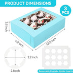 3-Set Cupcake Boxes Bulk with Clear Display Window Hold 12 Standard Cupcakes, Disposable Food Grade Blue Cupcake Carrier Cupcake Container, Perfect for Cupcakes Muffins Cookies Pastries