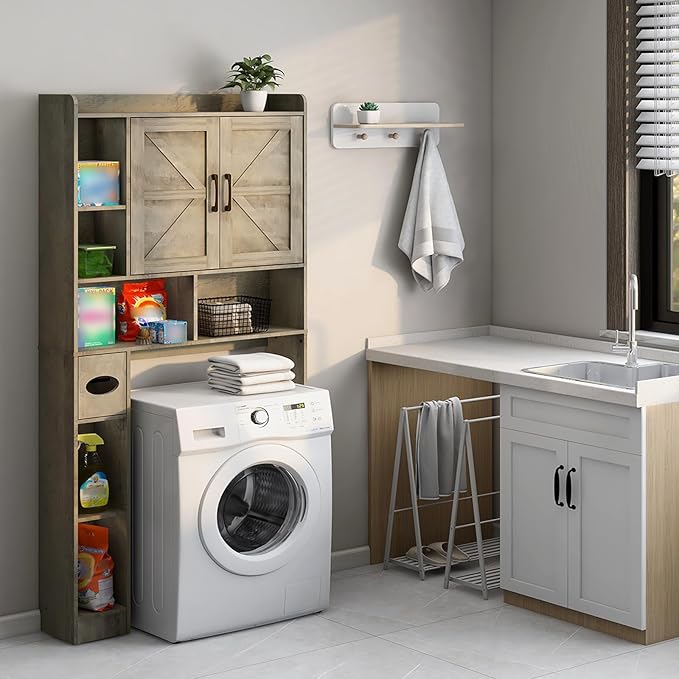 Over The Toilet Storage Cabinet, Farmhouse Storage Cabinet Over Toilet with 2 Barn Door & Toilet Paper Holder Stand, Home Space-Saving Rack, for Bathroom, Restroom (Grey).