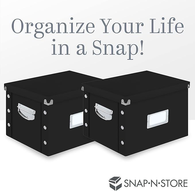 Snap-N-Store File Storage Box & Organizer - 1 Pack - 16.125 x 13.125 x 9.875 Inch Letter/Legal Size Portable File Box with Lid for Documents - Back To School Supplies for Students - Glossy Black