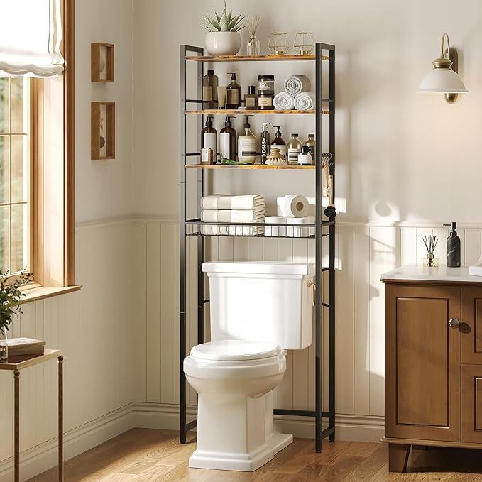 Over The Toilet Storage Rack, Bathroom Organizer with 3 Shelves & Basket, Space Saver Over Toilet Shelf with Adjustable Hooks, Rustic Brown and Black