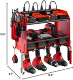 CCCEI Modular Power Tool Organizer Wall Mount with Charging Station. Garage Drill Storage Shelf with Hooks, Heavy Duty Rack, Tool Battery Holder Built in 8 Outlet. Gift for Men. Red, 1 Pack.