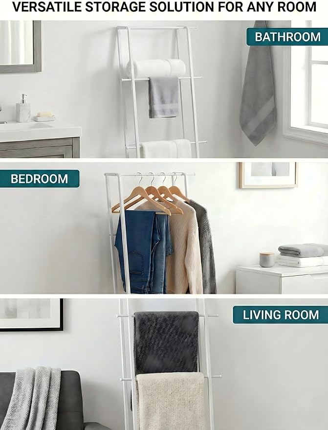 Metal Leaning Ladder Towel Rack, 4-Tier Blanket Stand for Bathroom Living Room, No Drilling Quilt Storage Organizer