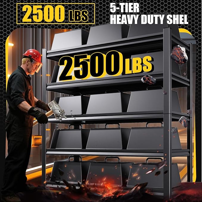 5-Tier Garage Shelving Heavy Duty, 2500LBS Garage Shelves, Adjustable Metal Shelving Unit, Garage Storage Shelves, Utility Rack Shelf, Shelves for Garage Storage, 72" H×35.4" W×16" D, 2 Pack