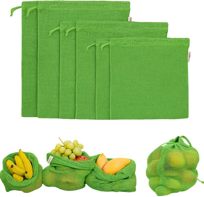 Eco-Friendly Organic Cotton Mesh Produce Bags [Pack of 6] | Reusable Mesh Produce Bags for Grocery Shopping, Fruit & Vegetable Storage | Washable Drawstring Vegetable Bags for Kitchen & Fridge