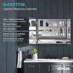 Kohler 81149-SLE-DA1 Maxstow Frameless Two-Door Medicine Cabinet Mirror with Lights, LED Light, Mirror Door & Staggered Shelves, Rectangular Frame, 32 in. W x 40 in. H