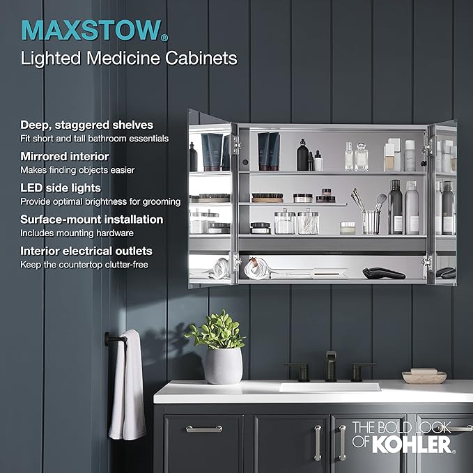 Kohler 81149-SLE-DA1 Maxstow Frameless Two-Door Medicine Cabinet Mirror with Lights, LED Light, Mirror Door & Staggered Shelves, Rectangular Frame, 32 in. W x 40 in. H