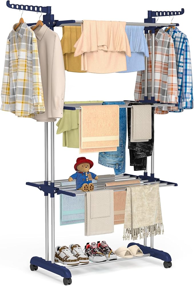 Bigzzia Clothes Drying Rack, 67.7 Inch Laundry Drying Rack with Foldable Base, 4 Tier Stainless Steel Drying Rack Clothing, Movable Laundry Rack for Indoor Outdoor-Blue