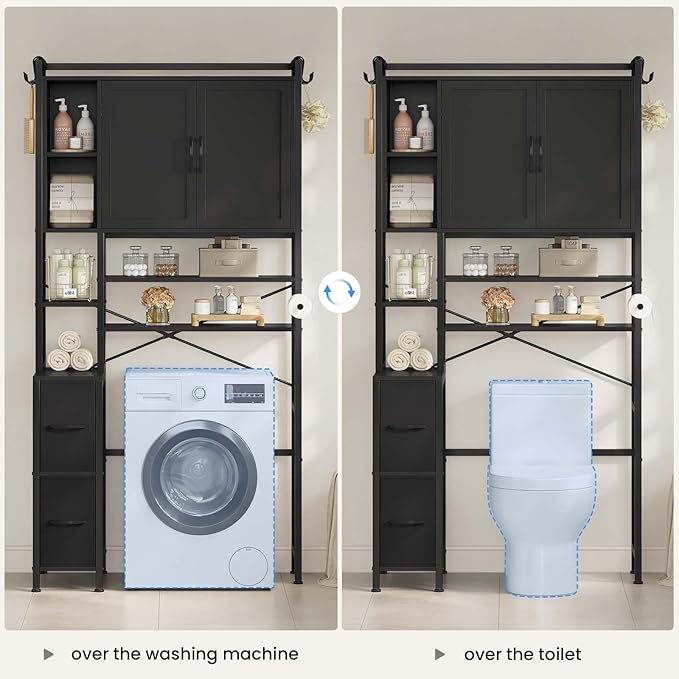 7-Tier Over the Toilet Storage Cabinet with 2 Large Drawers & 6 Hooks, Over the Toilet Storage with Toilet Paper Holder, Bathroom Over Toilet Storage for Bathroom, Laundry Room, Black