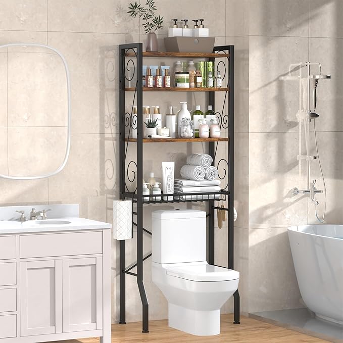 Aduanbang Over-The-Toilet Storage Shelves, 4-Tier Bathroom Organizer with Adjustable Feet Pad and Basket, Freestanding Space Saver (Rustic Brown)