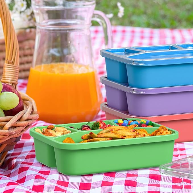 Bento Adult Lunch Box (4 pack), 4-Compartment Meal Prep Container with Transparent Cover, Reusable Lunch Containers for Kids, No BPA, Microwave/Dishwasher Safe (PP(Red/Green/Blue/Purple))