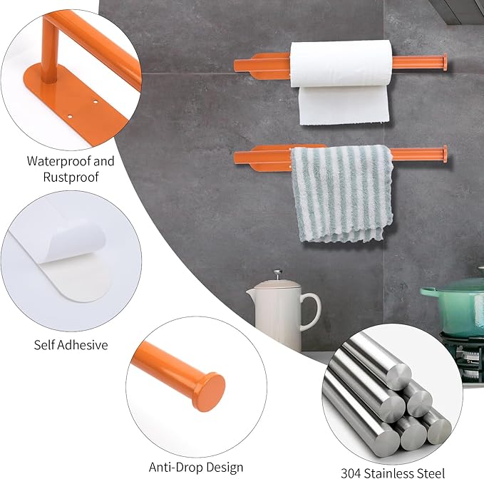 YeeBeny Orange Paper Towel Holder Kitchen Roll Holder, Paper Towel Holder - Self Adhesive or Drilling, Under Cabinet Paper Towel Rack, Wall Mounted Paper Towel(Orange)