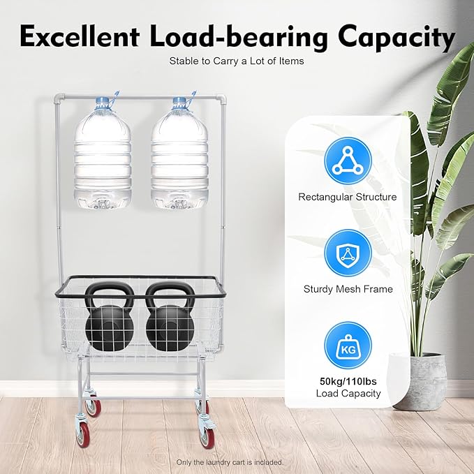 110LBS Commercial Steel Wire Laundry Cart Trolley w/Hanging Rack, 4 Universal Wheels, Lockable Rolling Laundry Organizer w/Removable Storage Basket for Home Hotel Laundromat