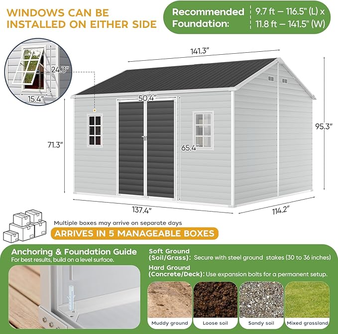 10x12 FT Large Resin Plastic Shed with Floor, Heavy-Duty 21-Gauge Reinforced Steel Frame, 16mm Ultra-Thick Panels, Estate-Size Storage Sheds with 2 Awning Windows for Tractors & Patio Furniture