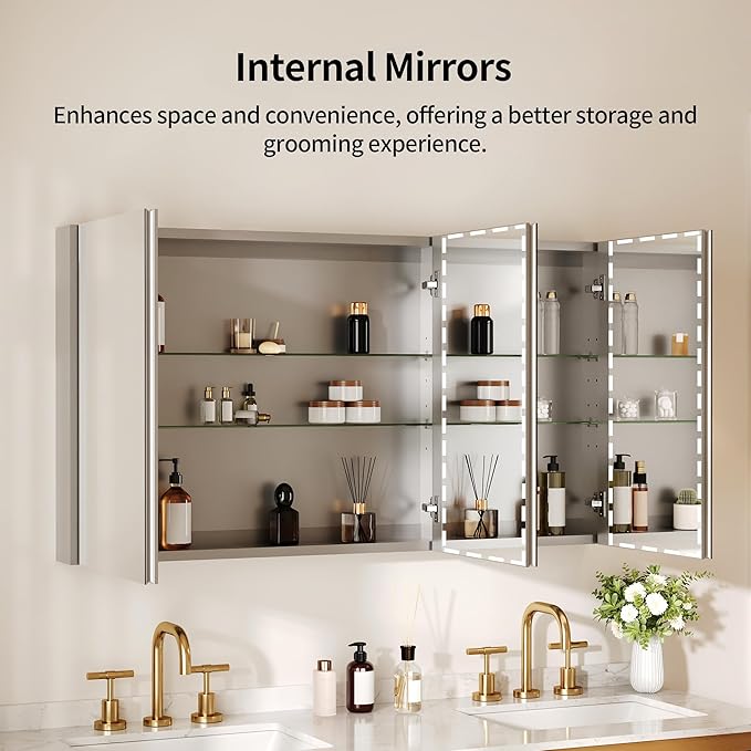 DeerValley Medicine Cabinet with Mirror, 48" W x 26" H Bathroom Mirror with Storage, 3 Doors Frameless Modern Wall Mount Mirrored Medicine Cabinets with 2 Adjustable Shelves DV-1MC0149