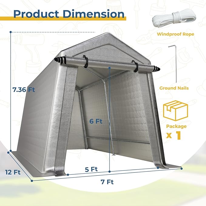 7 x 12 FT Carport, Portable Shed w/220G Heavy Duty Waterproof PE Tarp, Roll-up Zipper Door & Vent, Weather-Resistant Storage Shed for Motorcycle, Bike and Tools, Gray