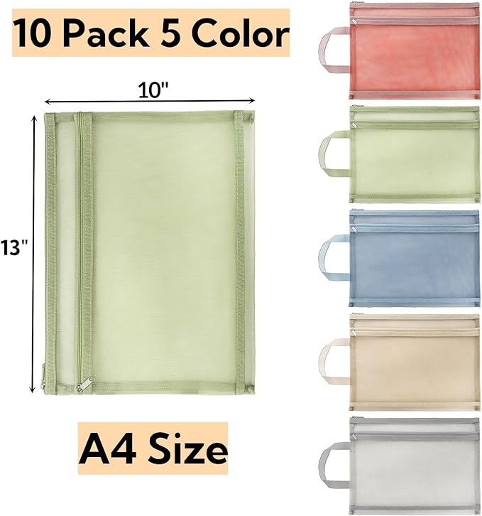 Goaste 10 Pack Mesh Zipper Pouch Bags, Double-Layer Nylon Mesh Bags with Handle, Portable Puzzle Building Block Sets Toy Storage Bags, Colored A4 Document Storage Organizer for School Office Games