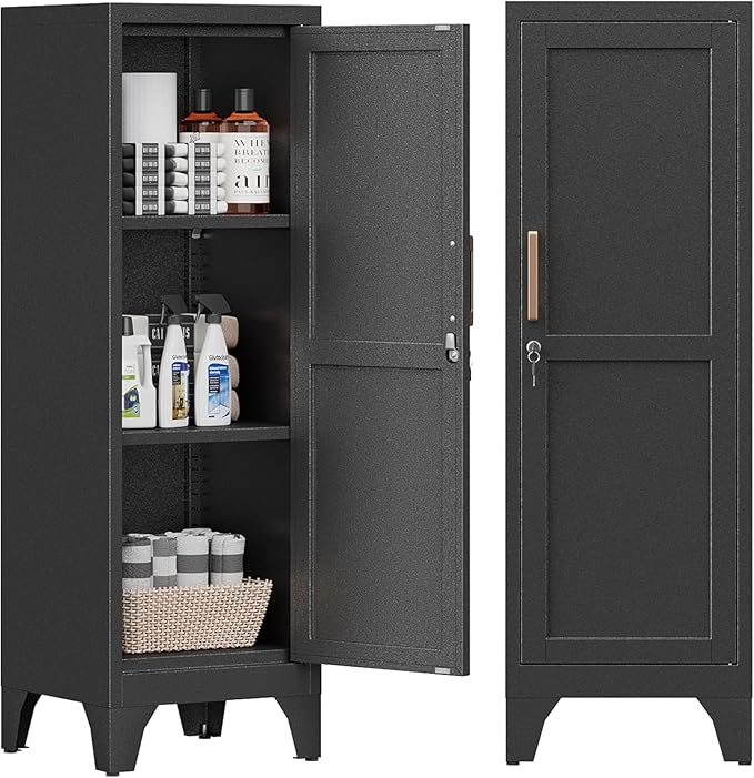 Metal Locker with Lock and 2 Adjustable Shelves, Small Storage Locker Cabinet with Detachable Legs for Office, School, Gym, Easy Assembly, Black