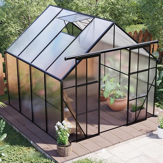 Double Sliding Door Polycarbonate Greenhouse with Rain Gutter and Roof Vent, Raised Base and Anchor Aluminum Heavy Duty Walk-in Green House, Outdoor Patio Sunroom (Black, 97.75*94.5*89.5in)