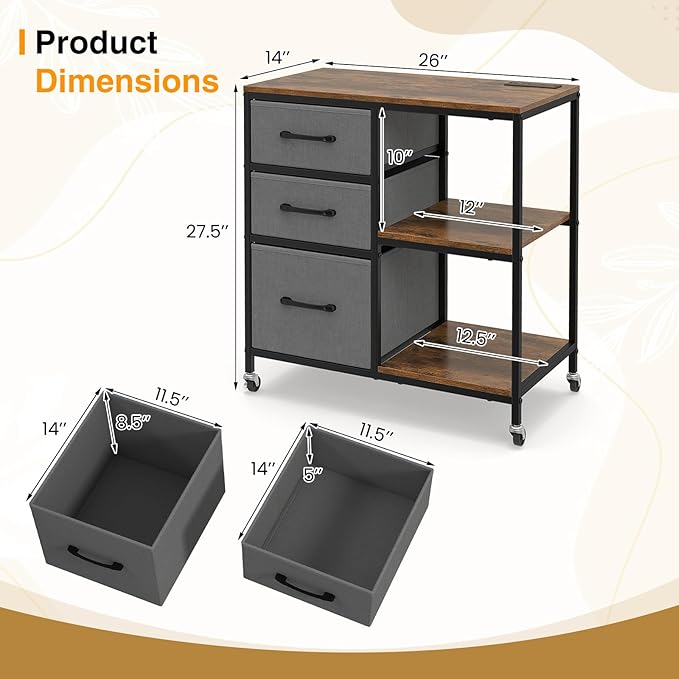 Giantex File Cabinet, Printer Stand with Storage, 3 Fabric Drawers, Open Storage Shelves, Charging Station, 4 Rolling Wheels (2 Lockable), Lateral Filing Cabinet for Home Office Organization (Grey)