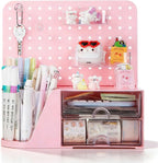 Comix Desk Organizer with 2 Drawer, Multifunctional Pen Holder for Desk, Desktop Organizer with Pegboard + Drawer + 5 Slots Pencil Holder for Office Home Art Supplies (Pink)